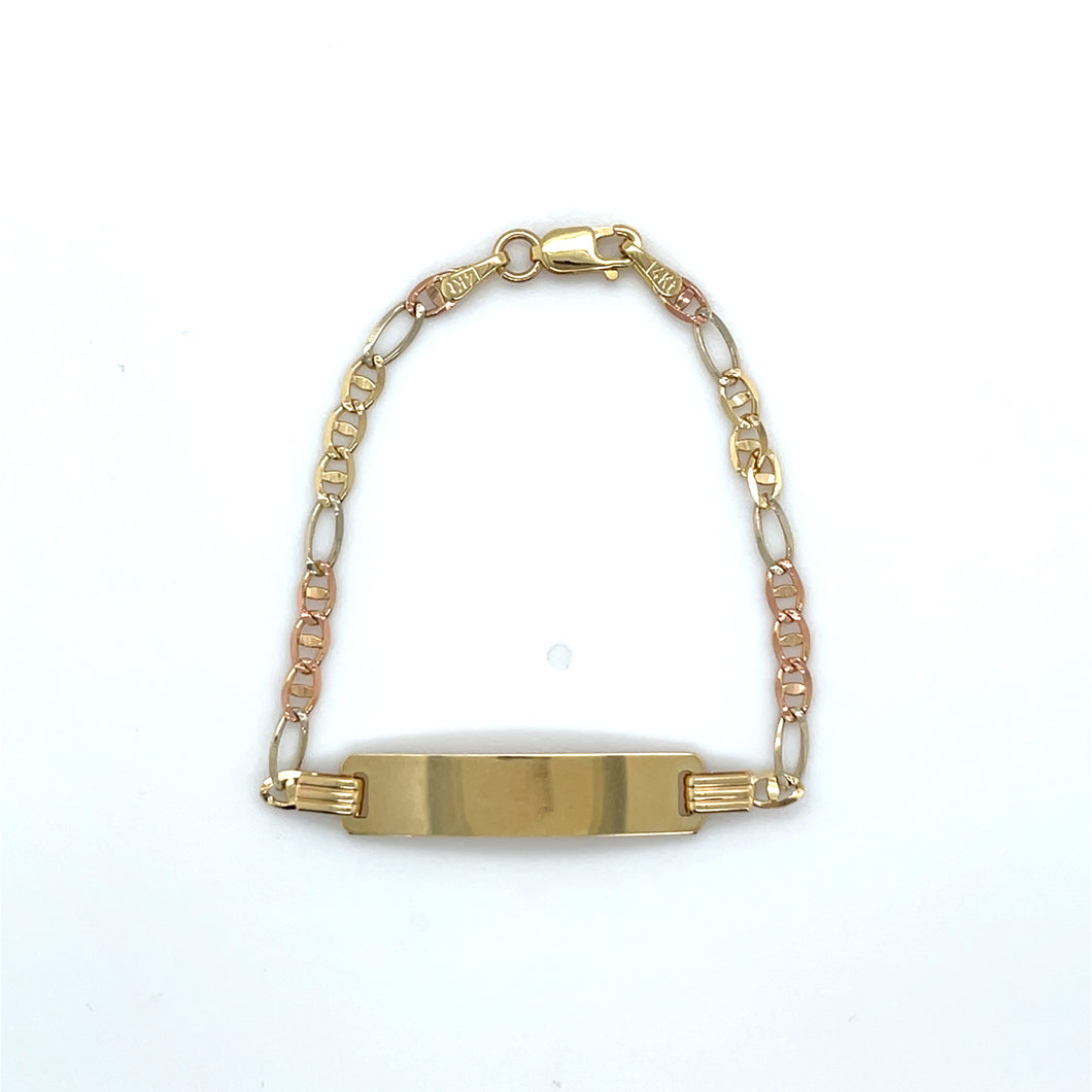 14k Tri Gold Marinero Link Diamond Cut ID Bracelet