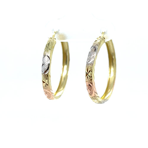 14k Tri Gold Hearts Hoop Earrings