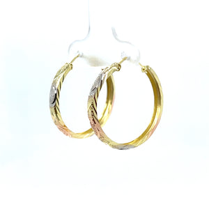 14k Tri Gold Hearts Hoop Earrings