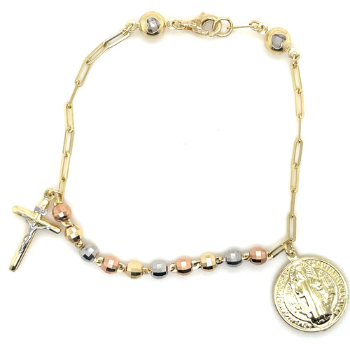 10k Tri Gold Sphere Dangle Cross & Saint Benedict Bracelet