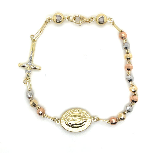 10k Tri Gold Sphere Cross & Our Lady of Guadalupe Bracelet