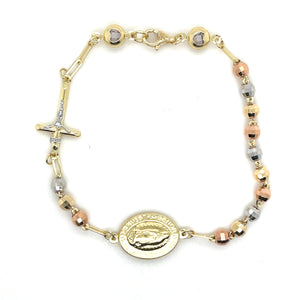 10k Tri Gold Sphere Cross & Our Lady of Guadalupe Bracelet
