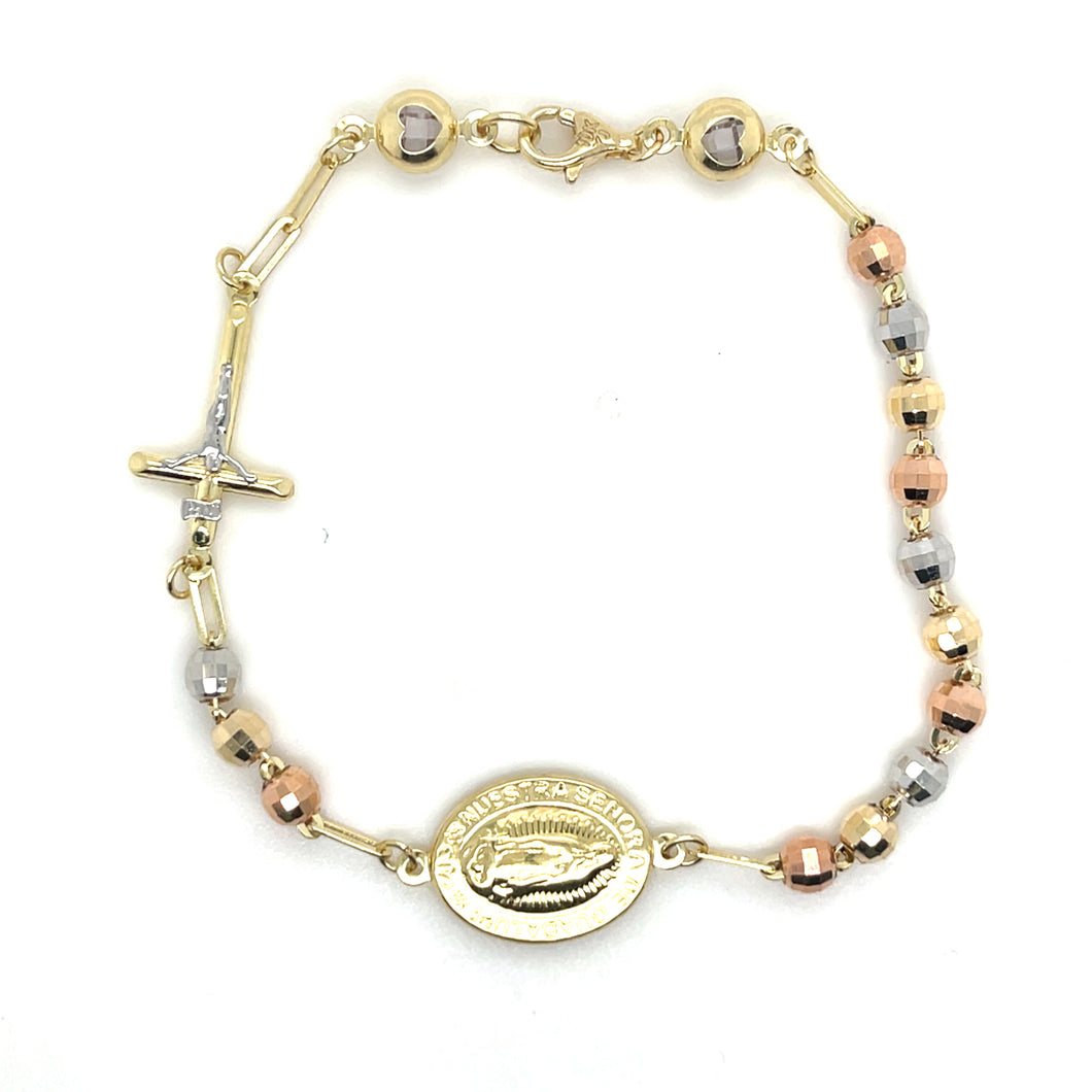 10k Tri Gold Sphere Cross & Our Lady of Guadalupe Bracelet
