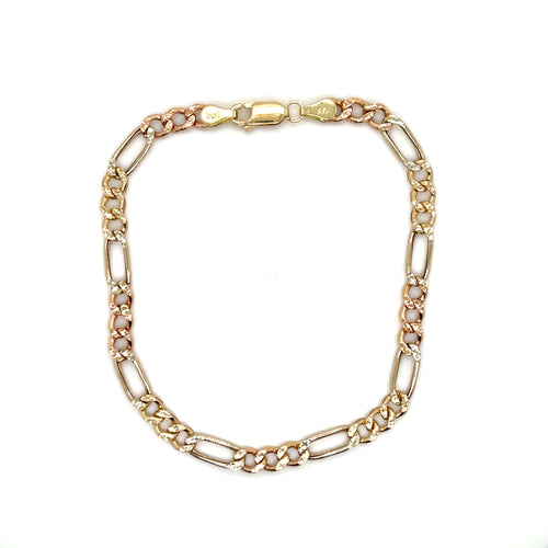 14k Tri Gold Figaro Diamond Cut Bracelet