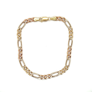 14k Tri Gold Figaro Diamond Cut Bracelet