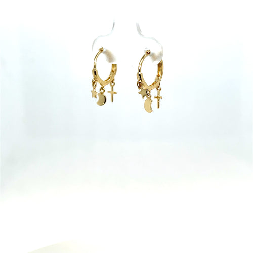 14k Gold Dangle Moon, Star, Cross Huggies
