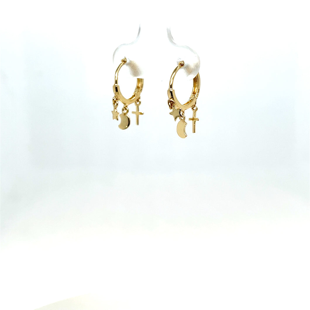 14k Gold Dangle Moon, Star, Cross Huggies