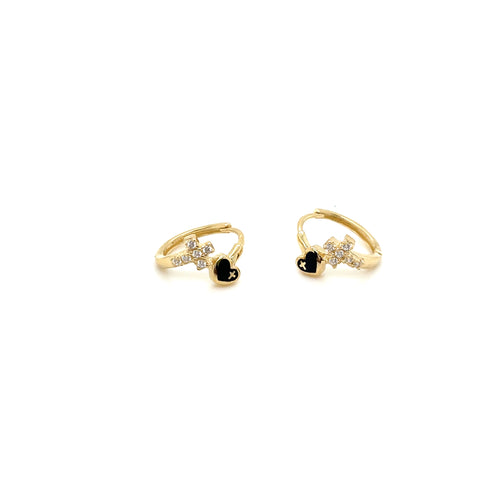 14k Gold Cross with Heart Huggies