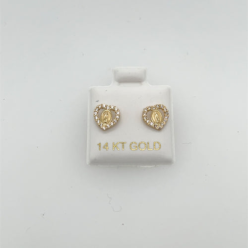 14k Gold Our Lady of Guadalupe Heart Studs