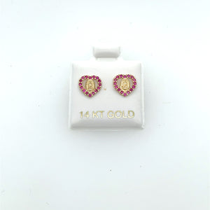 14k Gold Our Lady of Guadalupe Pink Heart Studs