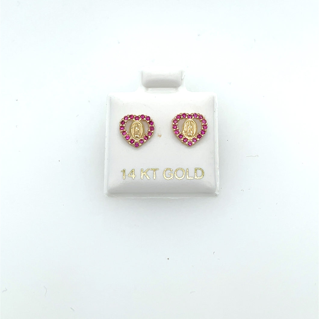 14k Gold Our Lady of Guadalupe Pink Heart Studs