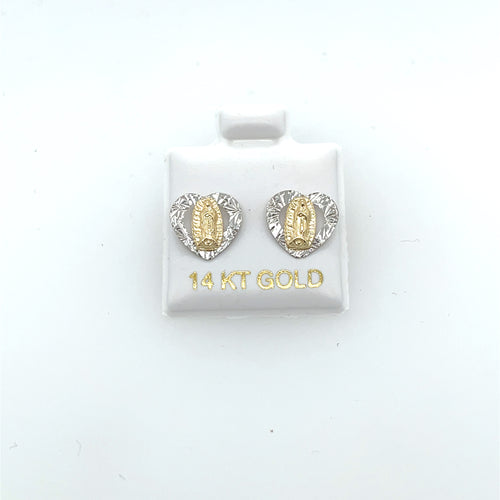 14k Gold Our Lady of Guadalupe Heart Studs