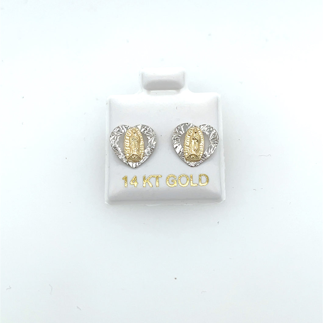 14k Gold Our Lady of Guadalupe Heart Studs