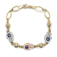 Load image into Gallery viewer, 14k Tri Gold Hamsa Hand Link Bracelet .