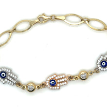 Load image into Gallery viewer, 14k Tri Gold Hamsa Hand Link Bracelet .