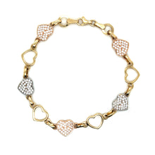 Load image into Gallery viewer, 14k Tri Gold Hearts Bracelet .