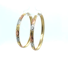 Load image into Gallery viewer, 14k Tri Gold Hearts Medium Size Hoops .