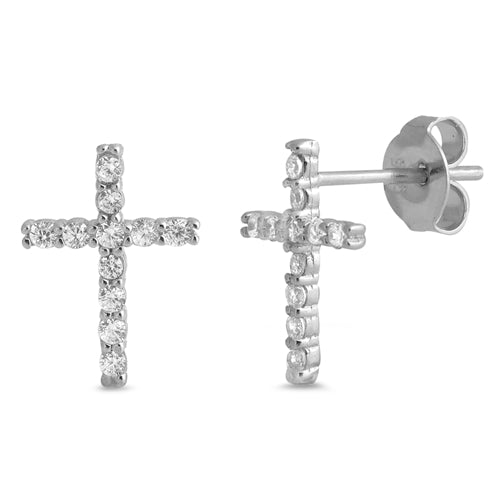 .925 Sterling Silver Clear CZ Cross Earrings