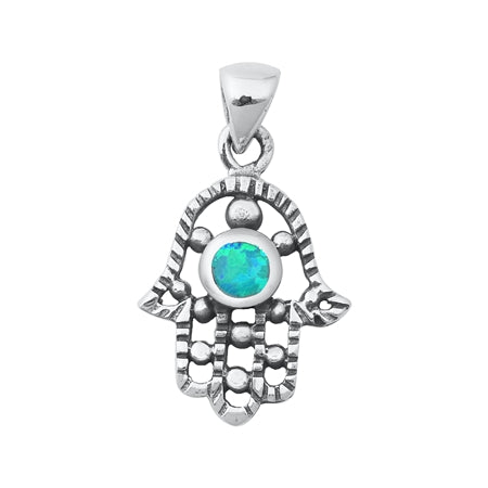 .925 Sterling Silver Light Blue Lab Opal Hand Pendant