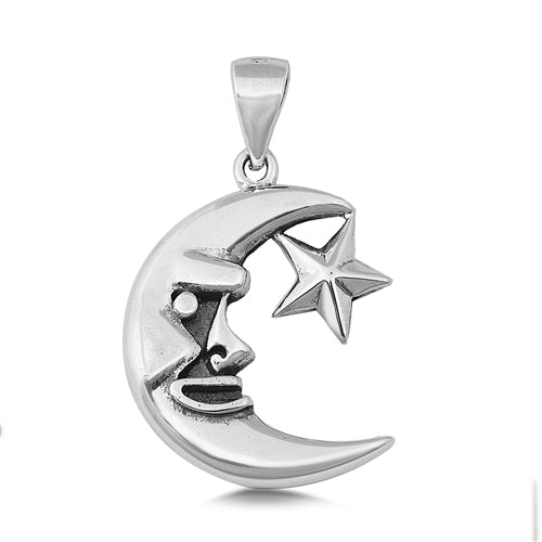 .925 Sterling Silver Crescent Moon & Star Pendant