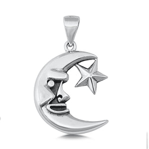 .925 Sterling Silver Crescent Moon & Star Pendant