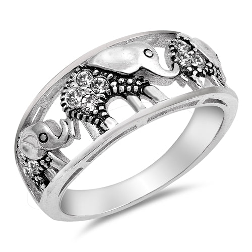 .925 Sterling Silver Elephant White CZ Ring
