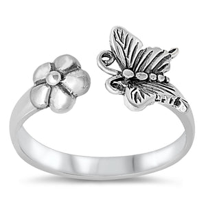.925 Sterling Silver Flower & Butterfly Ring