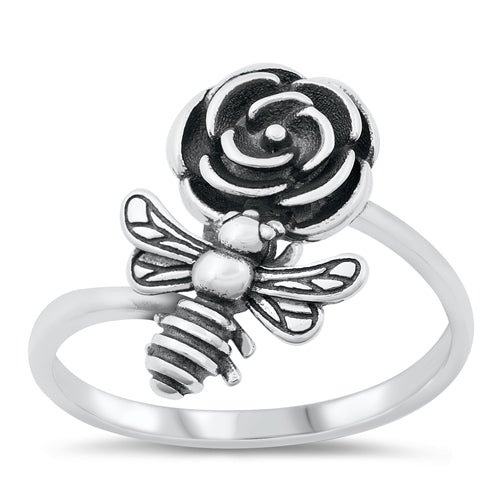 .925 Sterling Silver Rose & Bee Ring