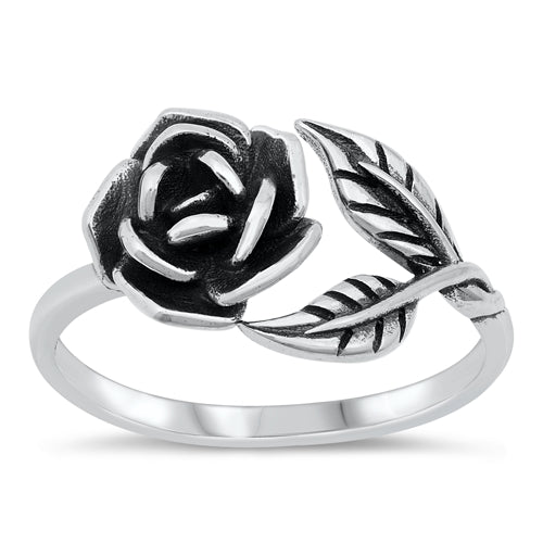 .925 Sterling Silver Rose & Leaves Ring
