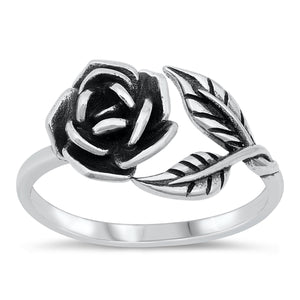 .925 Sterling Silver Rose & Leaves Ring