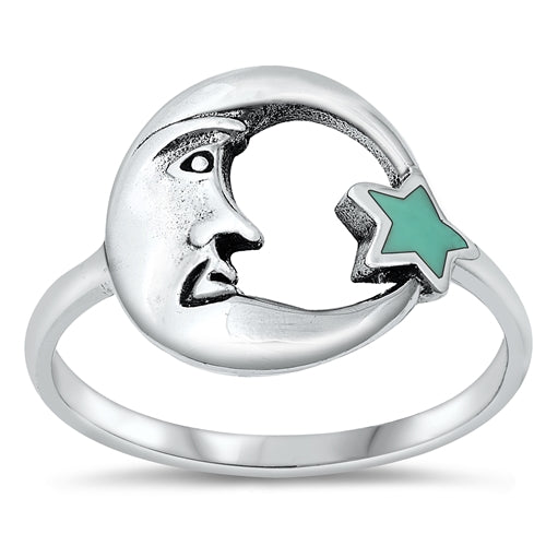 .925 Sterling Silver Moon & Star Ring