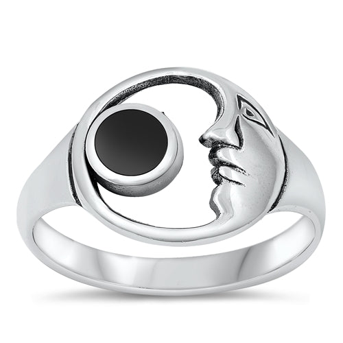 .925 Sterling Silver Moon & Black Agate Ring