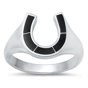 .925 Sterling Silver Horseshoe W/ Black Agate Ring