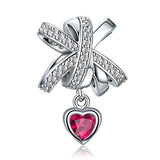 925 Sterling Silver Ribbon Bow Danlge Charm with CZ Heart Charm Bead